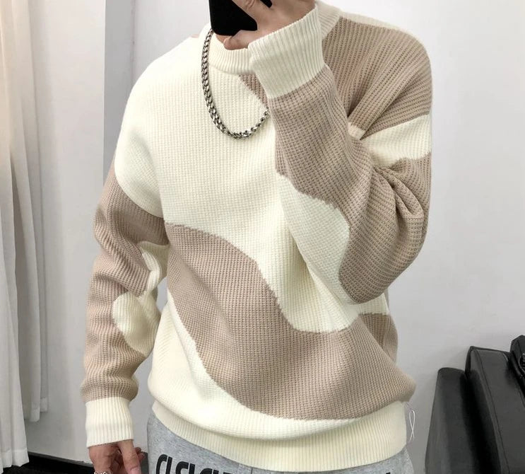 Man Clothes Round Collar Pullovers Knitted Sweaters for Men Crewneck Color Matching Black Cigaret Casual Korean Style Jumpers S