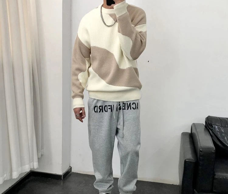 Man Clothes Round Collar Pullovers Knitted Sweaters for Men Crewneck Color Matching Black Cigaret Casual Korean Style Jumpers S