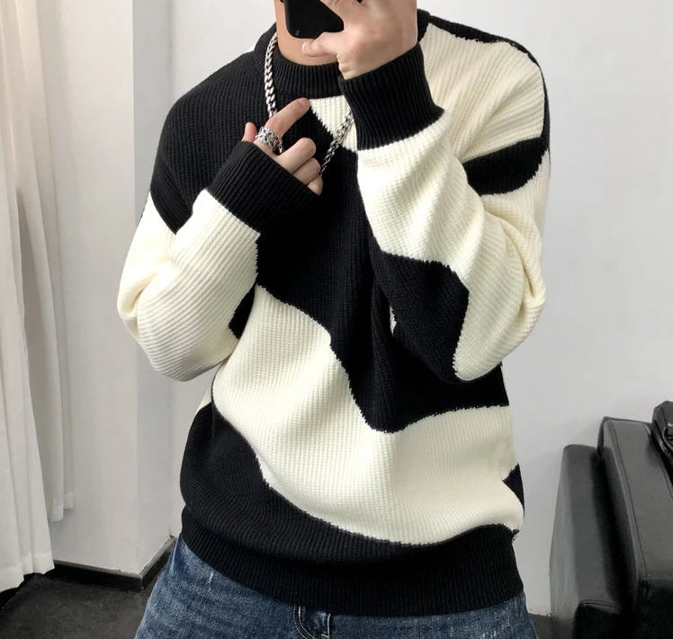 Man Clothes Round Collar Pullovers Knitted Sweaters for Men Crewneck Color Matching Black Cigaret Casual Korean Style Jumpers S