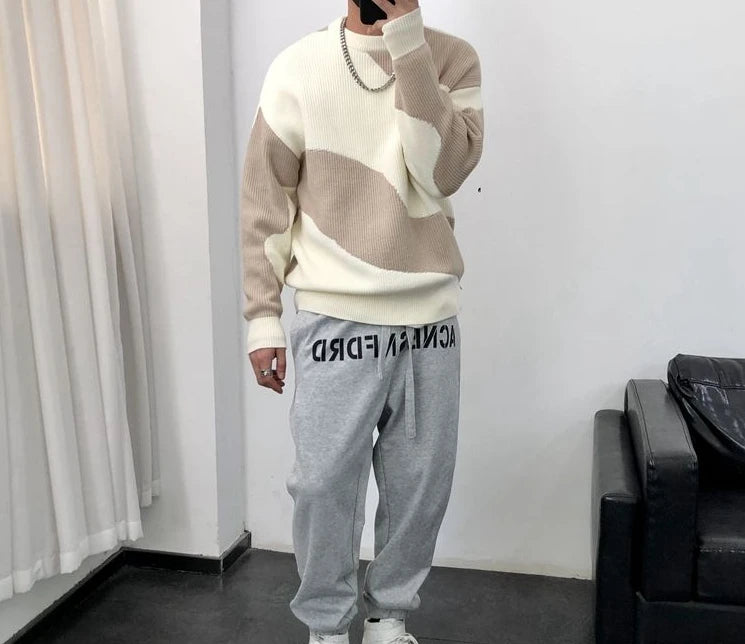 Man Clothes Round Collar Pullovers Knitted Sweaters for Men Crewneck Color Matching Black Cigaret Casual Korean Style Jumpers S