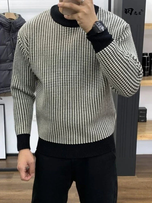 Man Clothes Round Collar Plaid Knitted Sweaters for Men Pullovers Crewneck Black Spring Autumn Elegant Designer Luxury Sheap A S