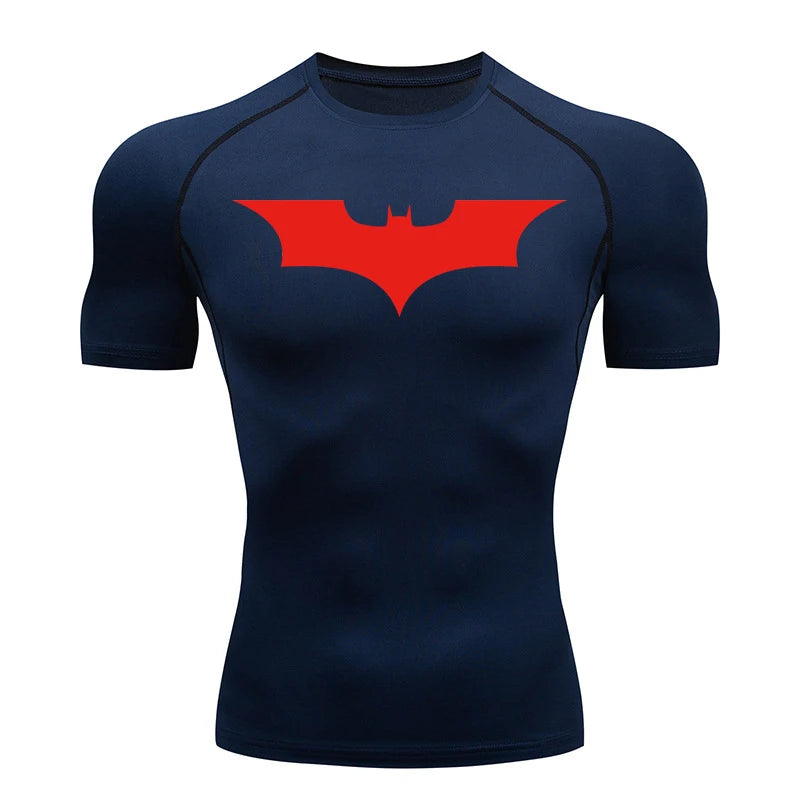 Bat Print Compression Shirts for Men Summer Short Sleeve Rash Guard Gym Workout Running Tshirt Athletic Quick Dry Tees Tops