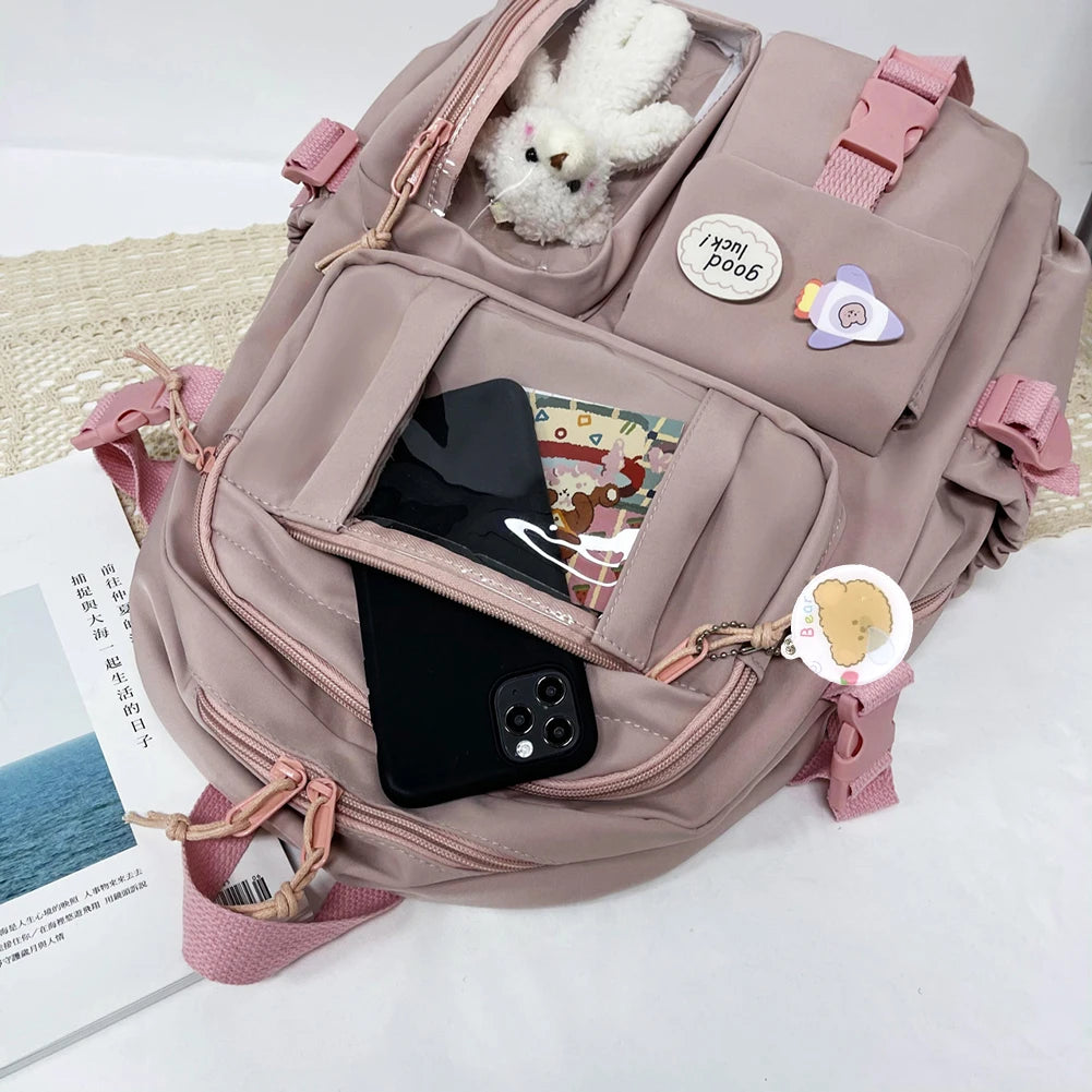 Nylon Bookbags with Plush Pendant Summer Backpack