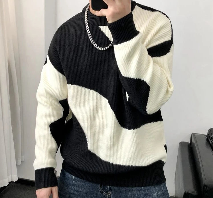 Man Clothes Round Collar Pullovers Knitted Sweaters for Men Crewneck Color Matching Black Cigaret Casual Korean Style Jumpers S