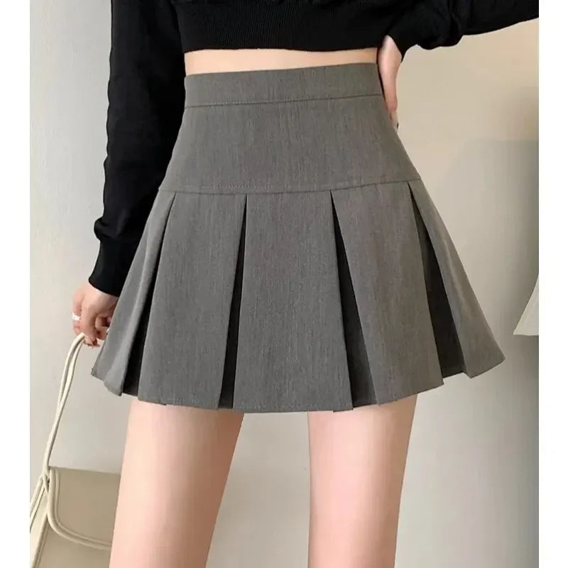 2024 Summer New Women Slim Solid Color Pleated Short Skirt College Style Pure Want To High-waisted Skinny-proof A- line Clothing