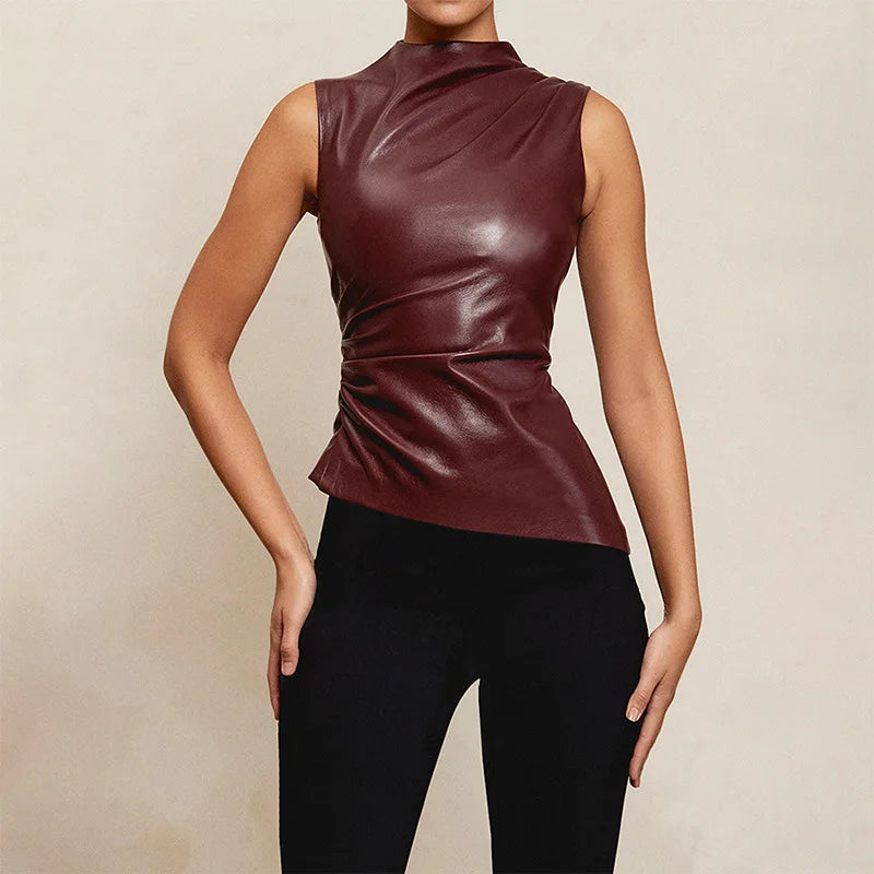 Fashion Solid Leather Y2k Top Skinny Waist Slimming Sleeveless Women Clothing High Collar Streetwear Casual Shirts For Women