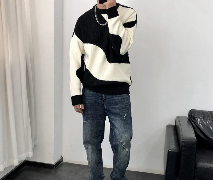 Man Clothes Round Collar Pullovers Knitted Sweaters for Men Crewneck Color Matching Black Cigaret Casual Korean Style Jumpers S