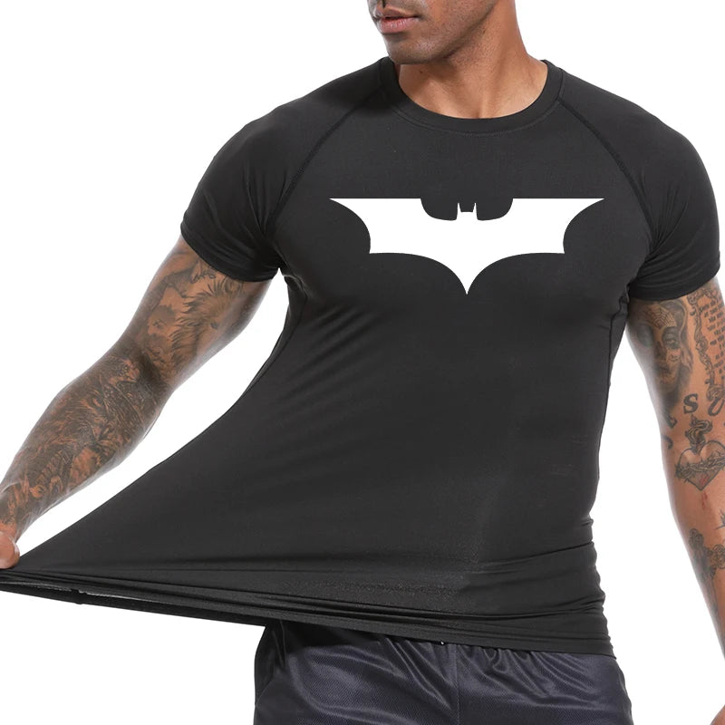 Bat Print Compression Shirts for Men Summer Short Sleeve Rash Guard Gym Workout Running Tshirt Athletic Quick Dry Tees Tops