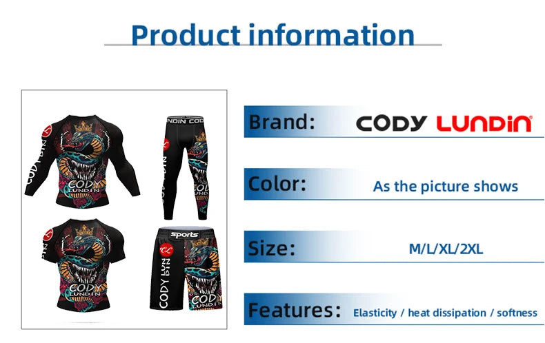 Cody Men Sportsuit With Graphic  Jiu jitsu No Gi Rashguard With Leggings MMA Shorts Bjj Fight Athletic Tracksuit Boxing Jersey