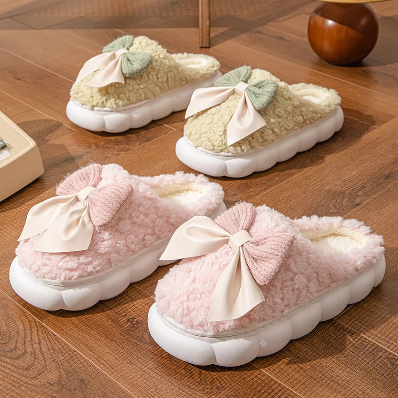 Winter Warm Fur Slippers for Women Cute bow House Non Slip Soft Shoes Comfort Flat Heel Home Indoor Bedroom Plush Slippers