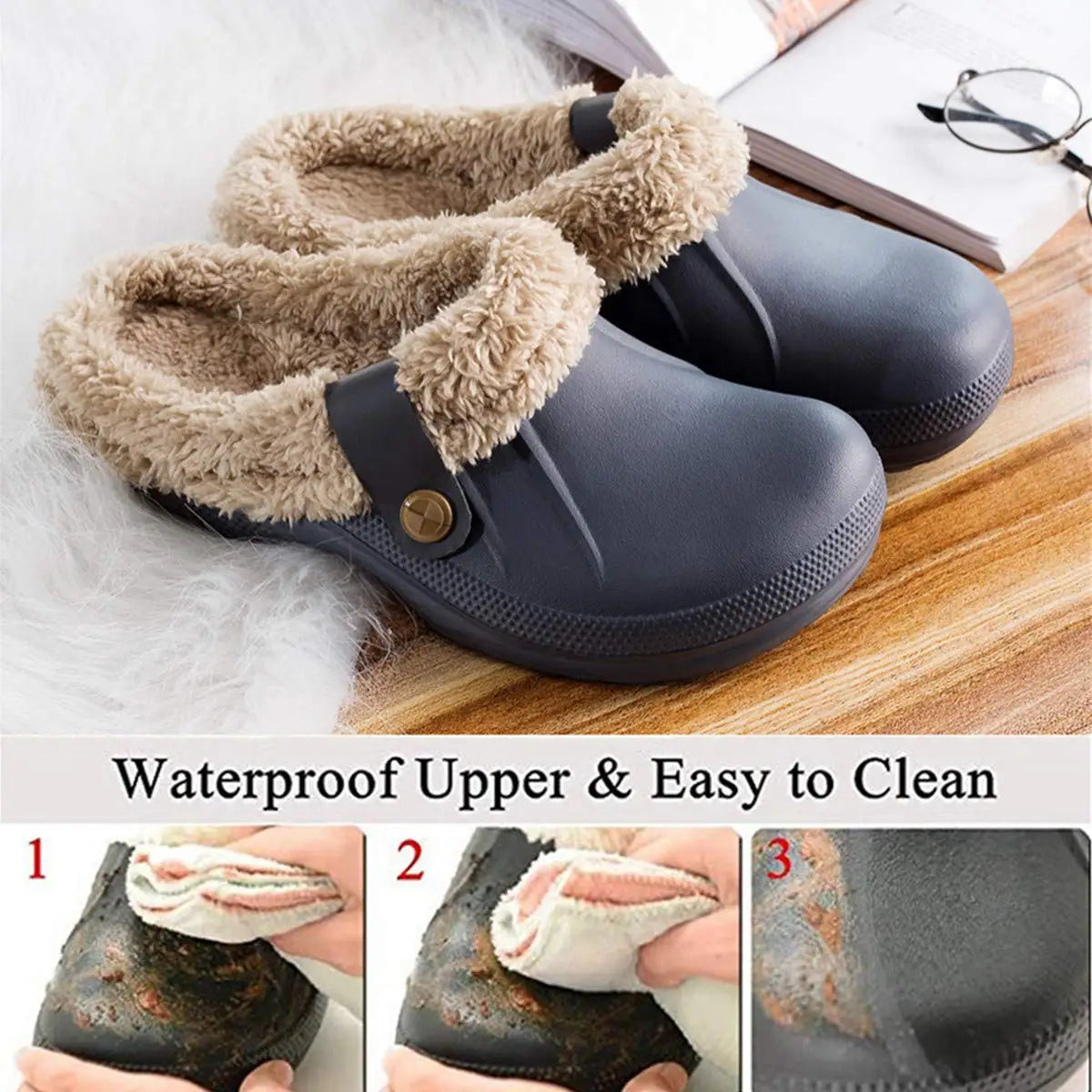 Kidmi Fashion Men Fur Shoes Winter Fuzzy Men Garden Shoes Soft Waterproof Shoes For Men Indoor and Outdoor Antiskid Houes Shoes