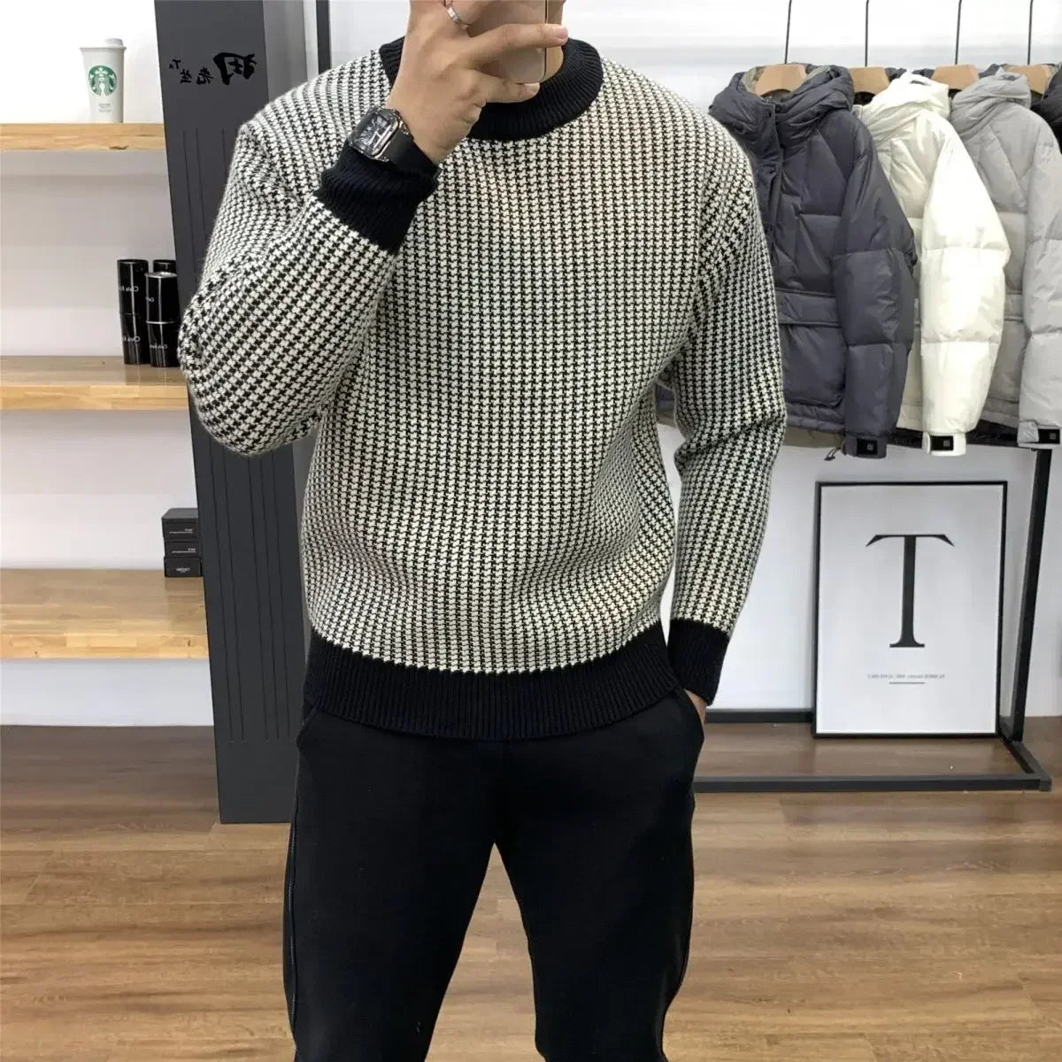 Man Clothes Round Collar Plaid Knitted Sweaters for Men Pullovers Crewneck Black Spring Autumn Elegant Designer Luxury Sheap A S