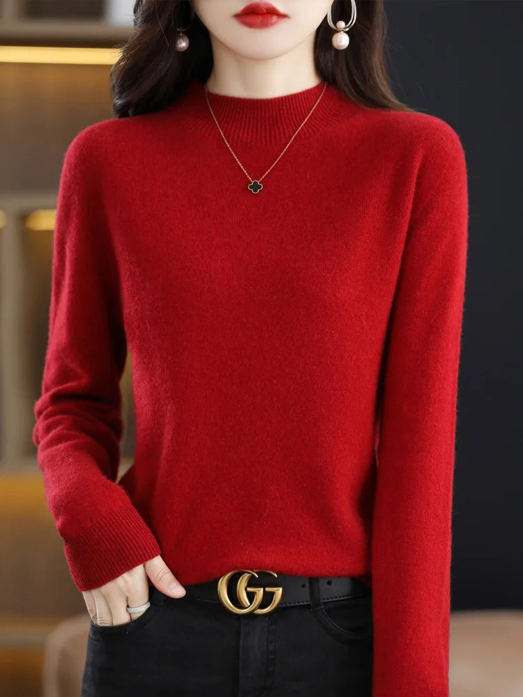 AOSSVIAO 2025 Autumn Winter Solid Mock-neck Pullover Sweater For Women Casual Knitwear Female Clothing Basic Soft Tops