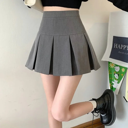 2024 Summer New Women Slim Solid Color Pleated Short Skirt College Style Pure Want To High-waisted Skinny-proof A- line Clothing