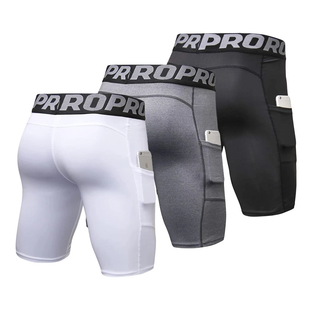 Mens Gym Shorts with Pockets Workout Compression Leggings for Men Polyester Boxer Briefs Running Basketball Athletic Tights