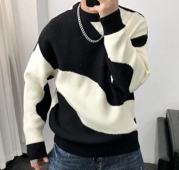 Man Clothes Round Collar Pullovers Knitted Sweaters for Men Crewneck Color Matching Black Cigaret Casual Korean Style Jumpers S