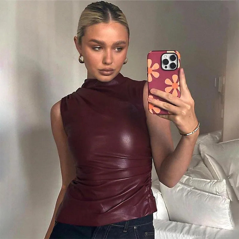 Fashion Solid Leather Y2k Top Skinny Waist Slimming Sleeveless Women Clothing High Collar Streetwear Casual Shirts For Women