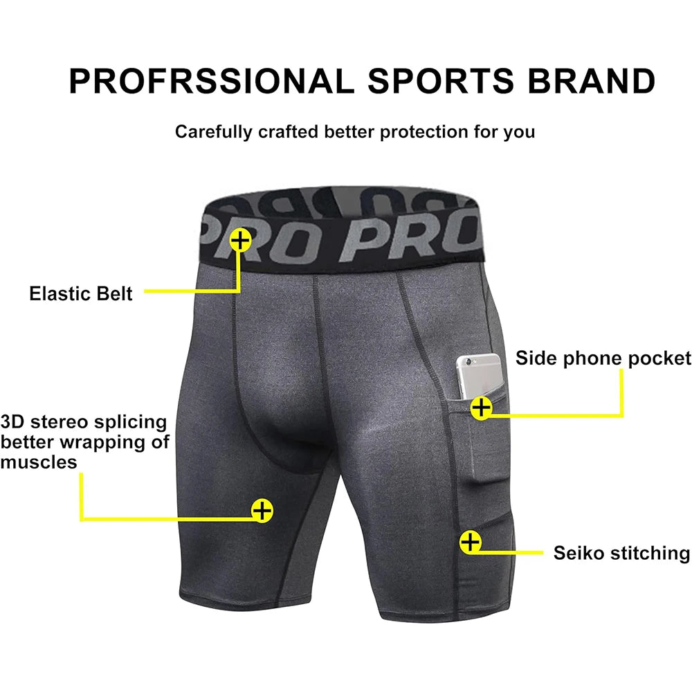 Mens Gym Shorts with Pockets Workout Compression Leggings for Men Polyester Boxer Briefs Running Basketball Athletic Tights