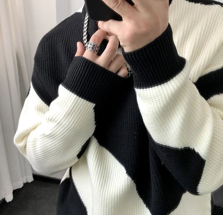 Man Clothes Round Collar Pullovers Knitted Sweaters for Men Crewneck Color Matching Black Cigaret Casual Korean Style Jumpers S