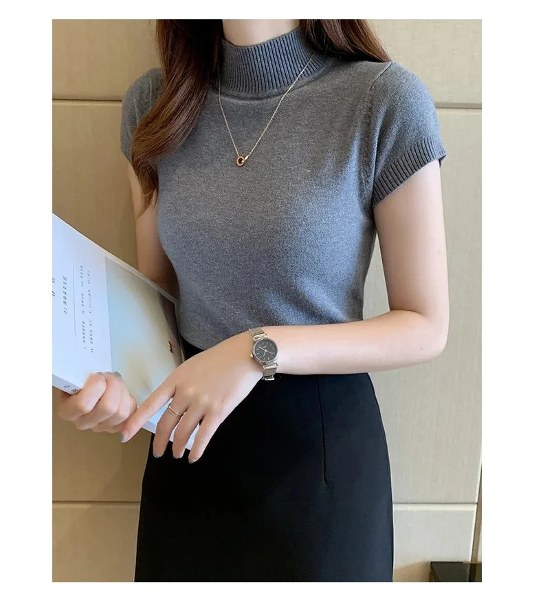 Women's Half-High Neck T-Shirt Fashion Jumper Casual Tops Korean Style Elegant Solid-Coloured Clothing Spring And Summer Season