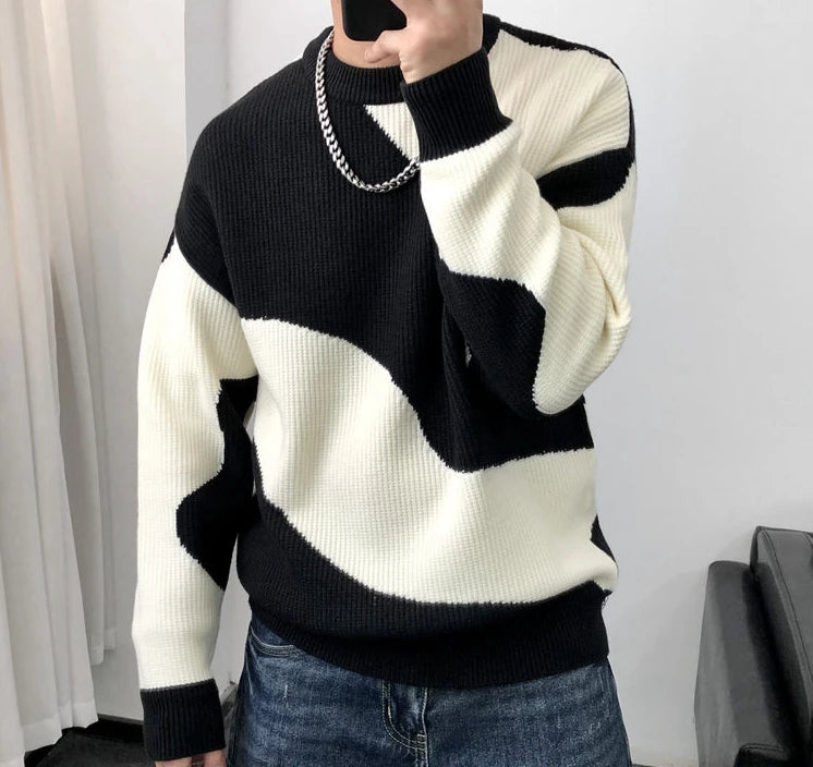 Man Clothes Round Collar Pullovers Knitted Sweaters for Men Crewneck Color Matching Black Cigaret Casual Korean Style Jumpers S