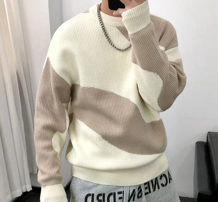 Man Clothes Round Collar Pullovers Knitted Sweaters for Men Crewneck Color Matching Black Cigaret Casual Korean Style Jumpers S