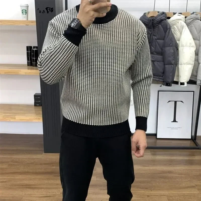 Man Clothes Round Collar Plaid Knitted Sweaters for Men Pullovers Crewneck Black Spring Autumn Elegant Designer Luxury Sheap A S