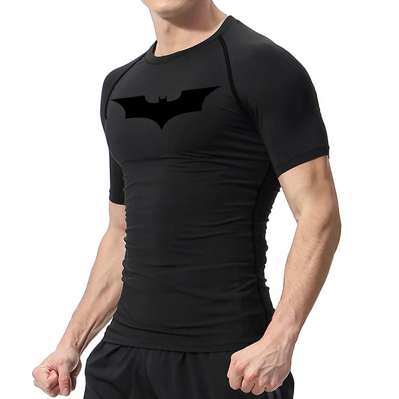 Bat Print Compression Shirts for Men Summer Short Sleeve Rash Guard Gym Workout Running Tshirt Athletic Quick Dry Tees Tops