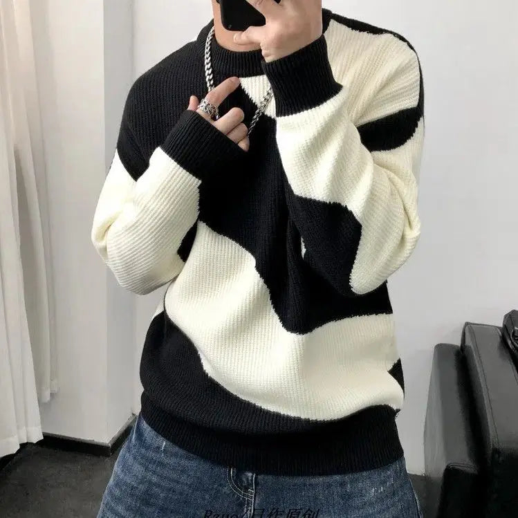 Man Clothes Round Collar Pullovers Knitted Sweaters for Men Crewneck Color Matching Black Cigaret Casual Korean Style Jumpers S