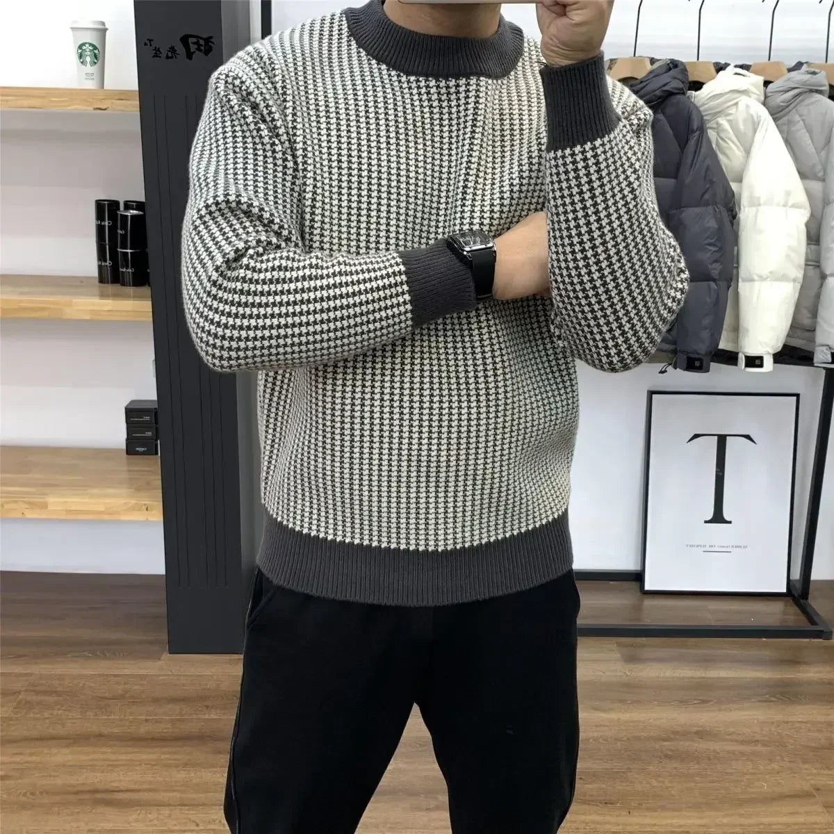 Man Clothes Round Collar Plaid Knitted Sweaters for Men Pullovers Crewneck Black Spring Autumn Elegant Designer Luxury Sheap A S