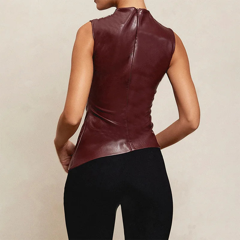 Fashion Solid Leather Y2k Top Skinny Waist Slimming Sleeveless Women Clothing High Collar Streetwear Casual Shirts For Women