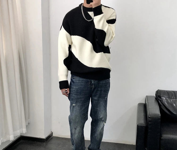 Man Clothes Round Collar Pullovers Knitted Sweaters for Men Crewneck Color Matching Black Cigaret Casual Korean Style Jumpers S