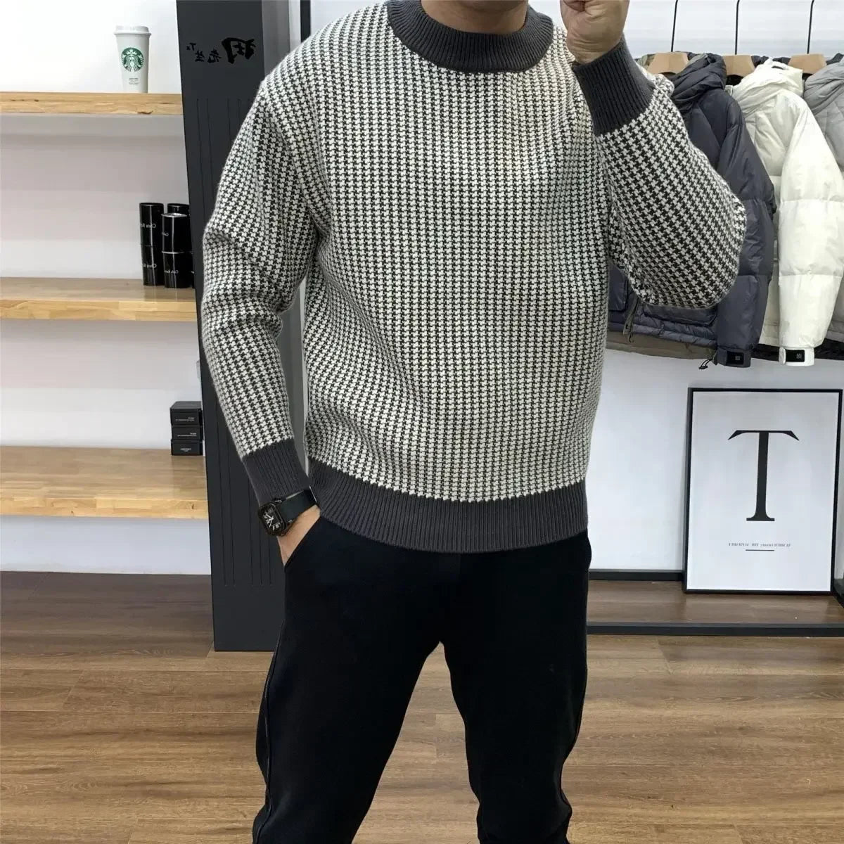 Man Clothes Round Collar Plaid Knitted Sweaters for Men Pullovers Crewneck Black Spring Autumn Elegant Designer Luxury Sheap A S