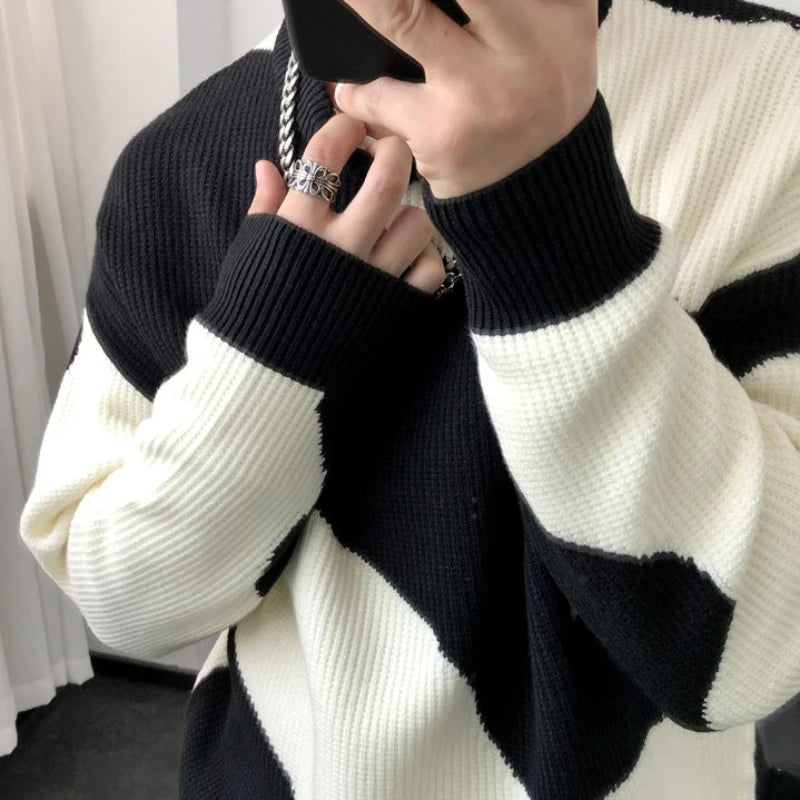 Man Clothes Round Collar Pullovers Knitted Sweaters for Men Crewneck Color Matching Black Cigaret Casual Korean Style Jumpers S